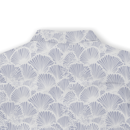 Light blue and white shell-patterned shirt with a high collar.