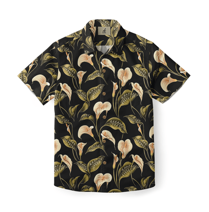 Close-up of a calla lily patterned shirt with a black background.