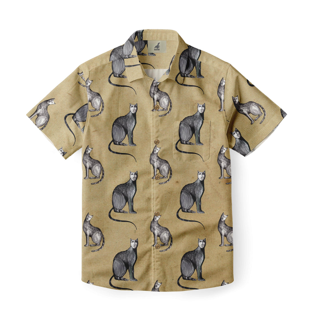 Beige short-sleeve shirt with black cat illustrations in various.