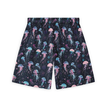 A pair of shorts featuring a design with colorful jellyfish on a dark background, creating an ethereal and aquatic-themed look.