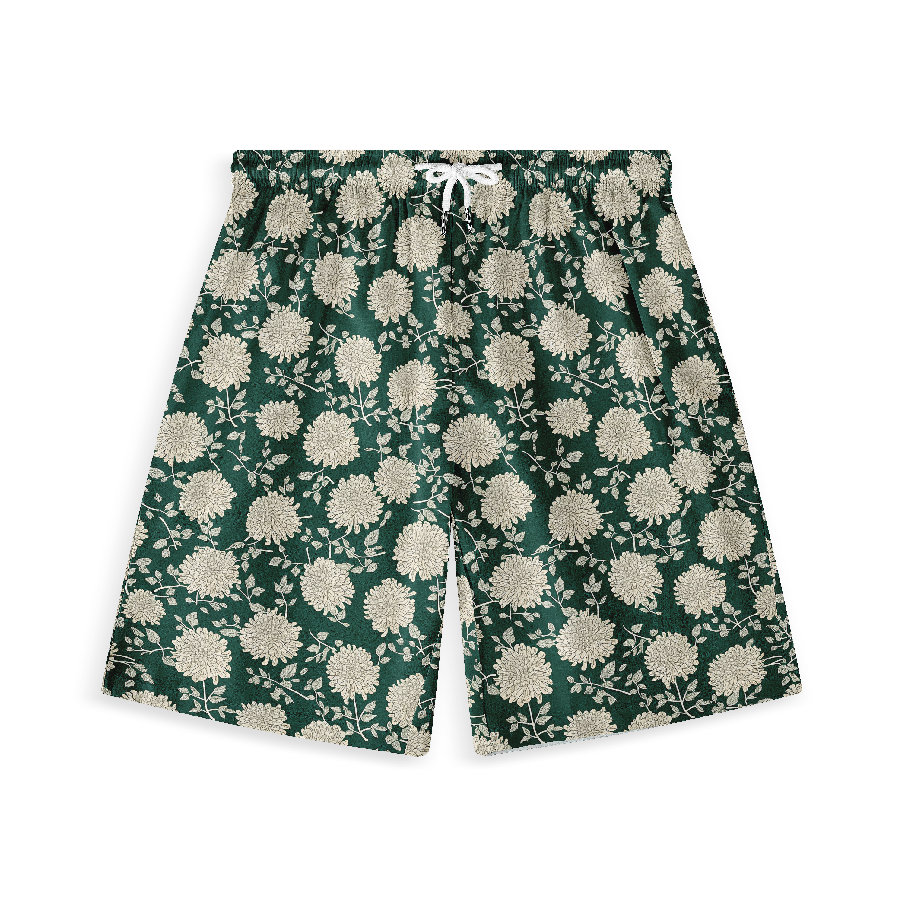 A pair of shorts featuring a design with white chrysanthemums on a dark green background, creating a harmonious and classic floral look.