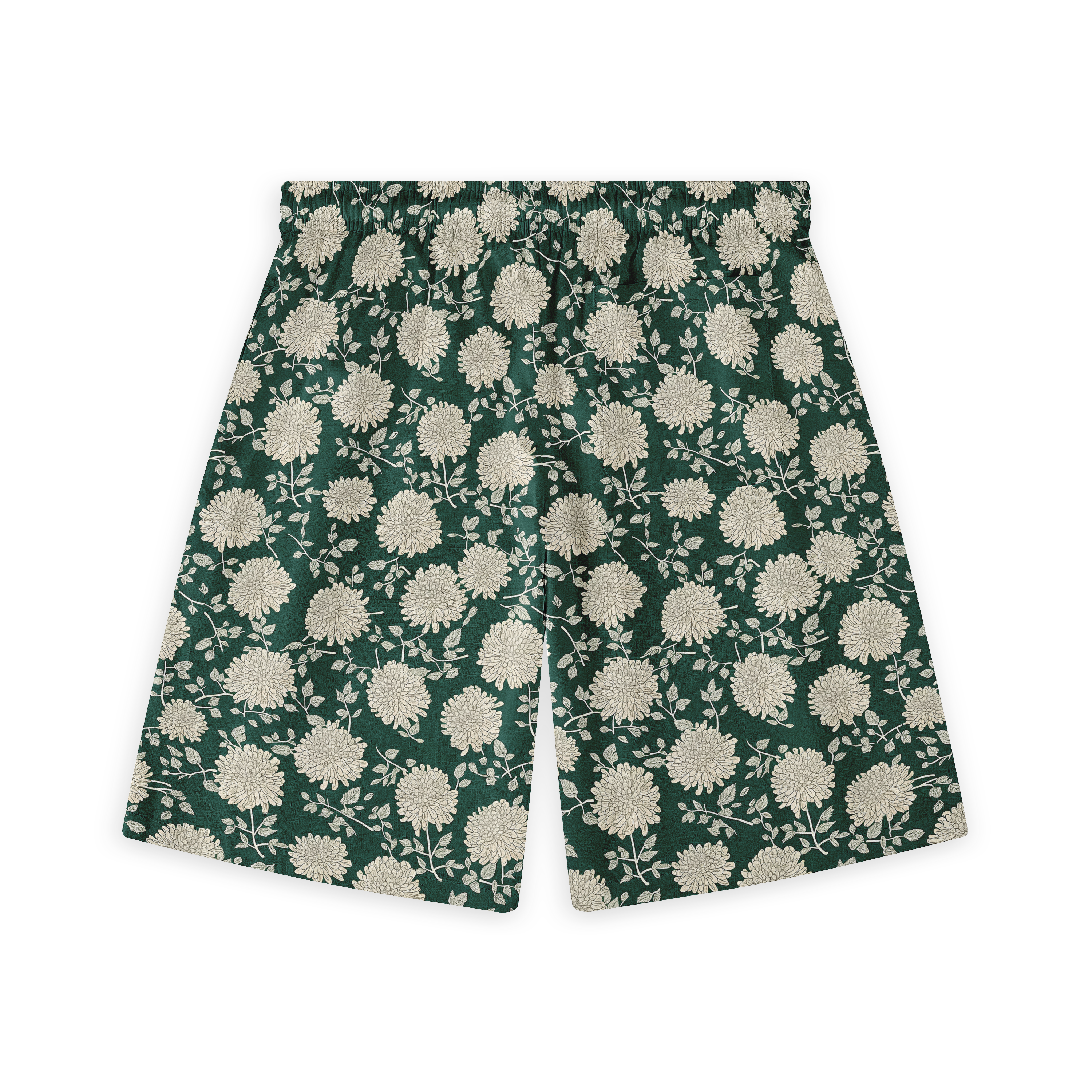 A pair of shorts featuring a design with white chrysanthemums on a dark green background, creating a harmonious and classic floral look.