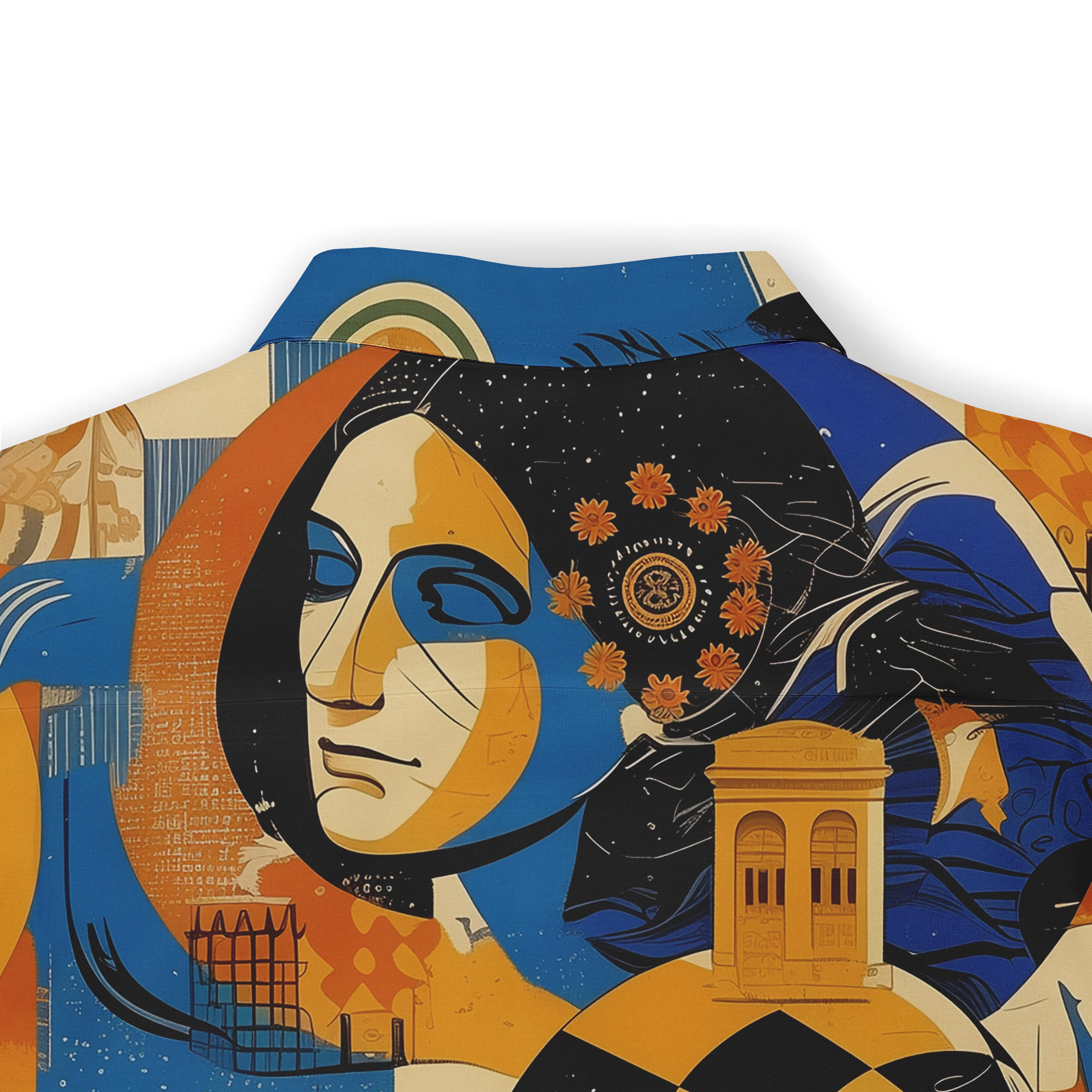 Colorful artistic collage shirt capturing the energy and vibrancy of city life.