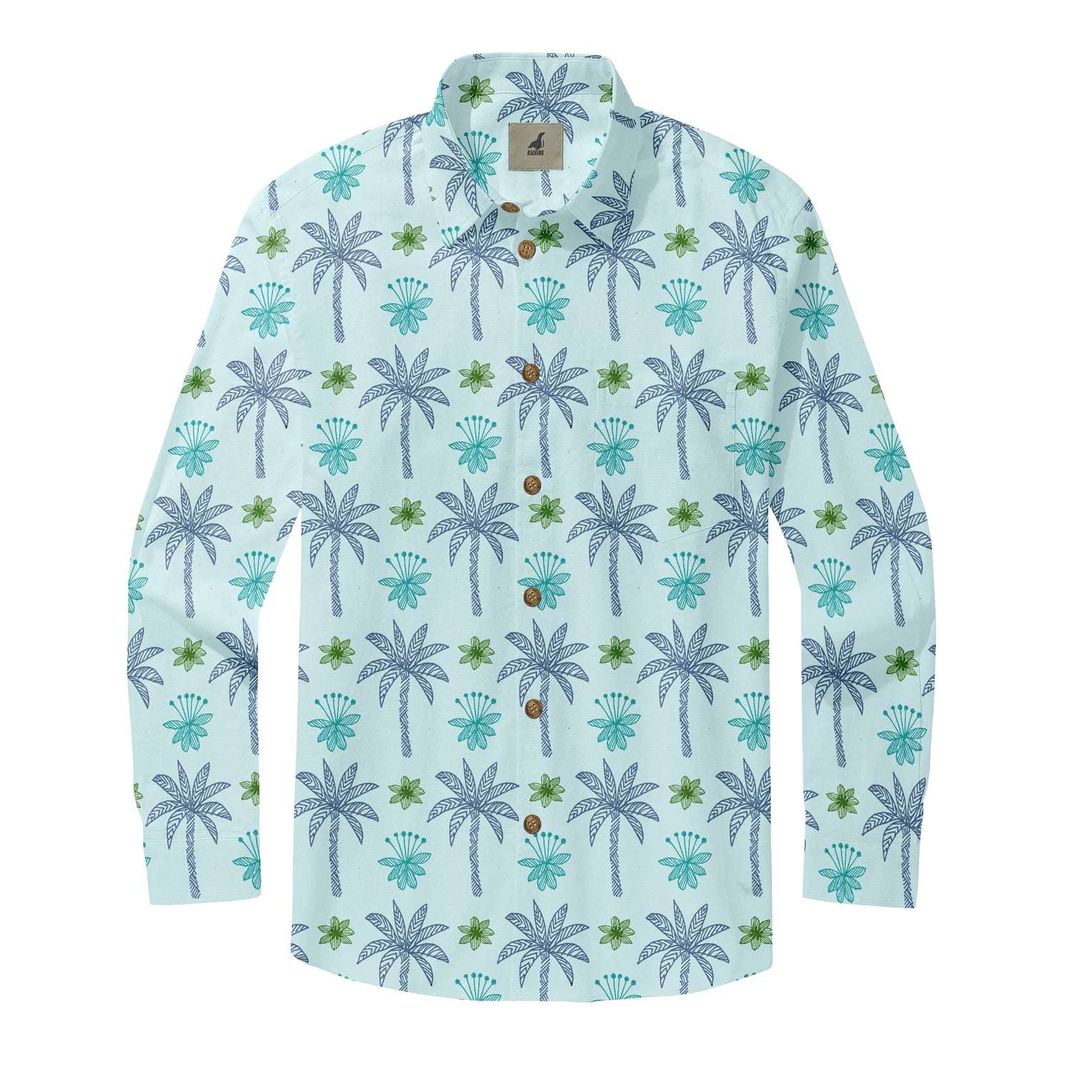 Light Blue Palm Tree Long Sleeve Hawaiian Shirt