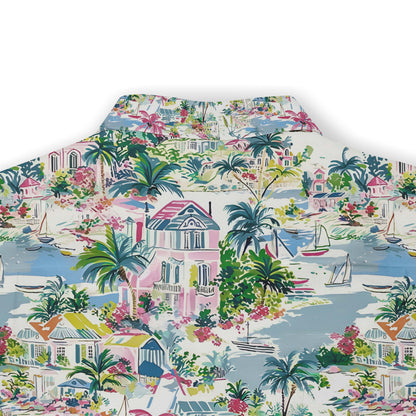 Pastel-colored shirt with a calming coastal town print.