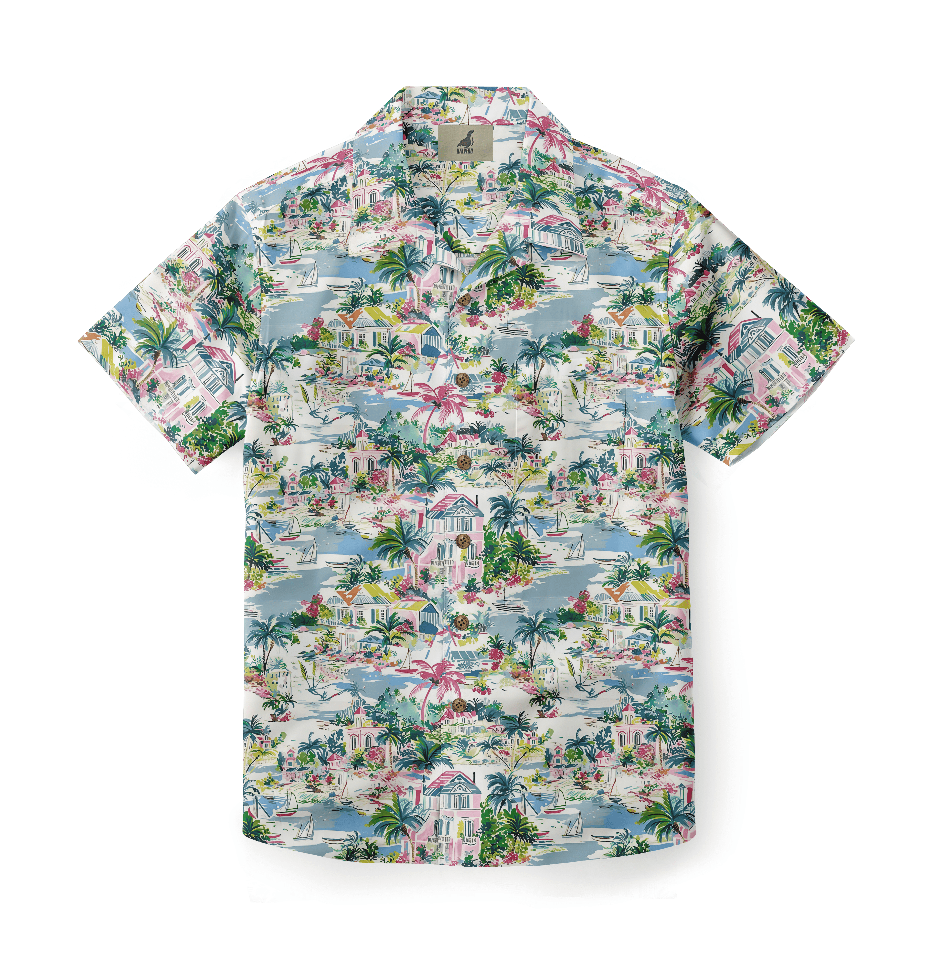 Shirt featuring a serene coastal town design with pastel colors.