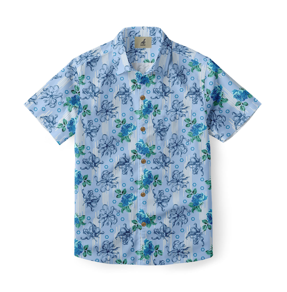 Light Blue Octopus &amp; Floral Hawaiian Shirt
