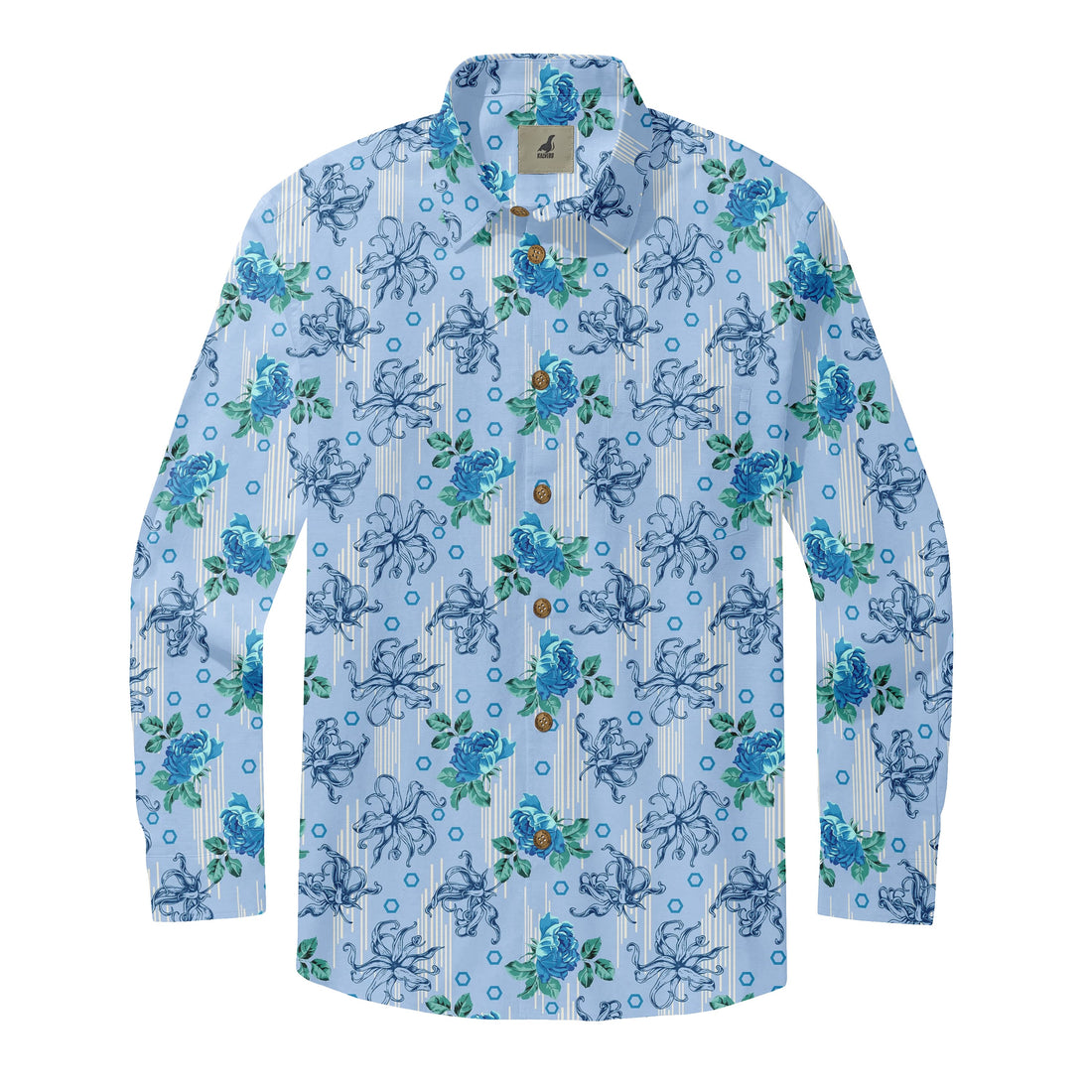 Light Blue Octopus &amp; Floral Long Sleeve Hawaiian Shirt