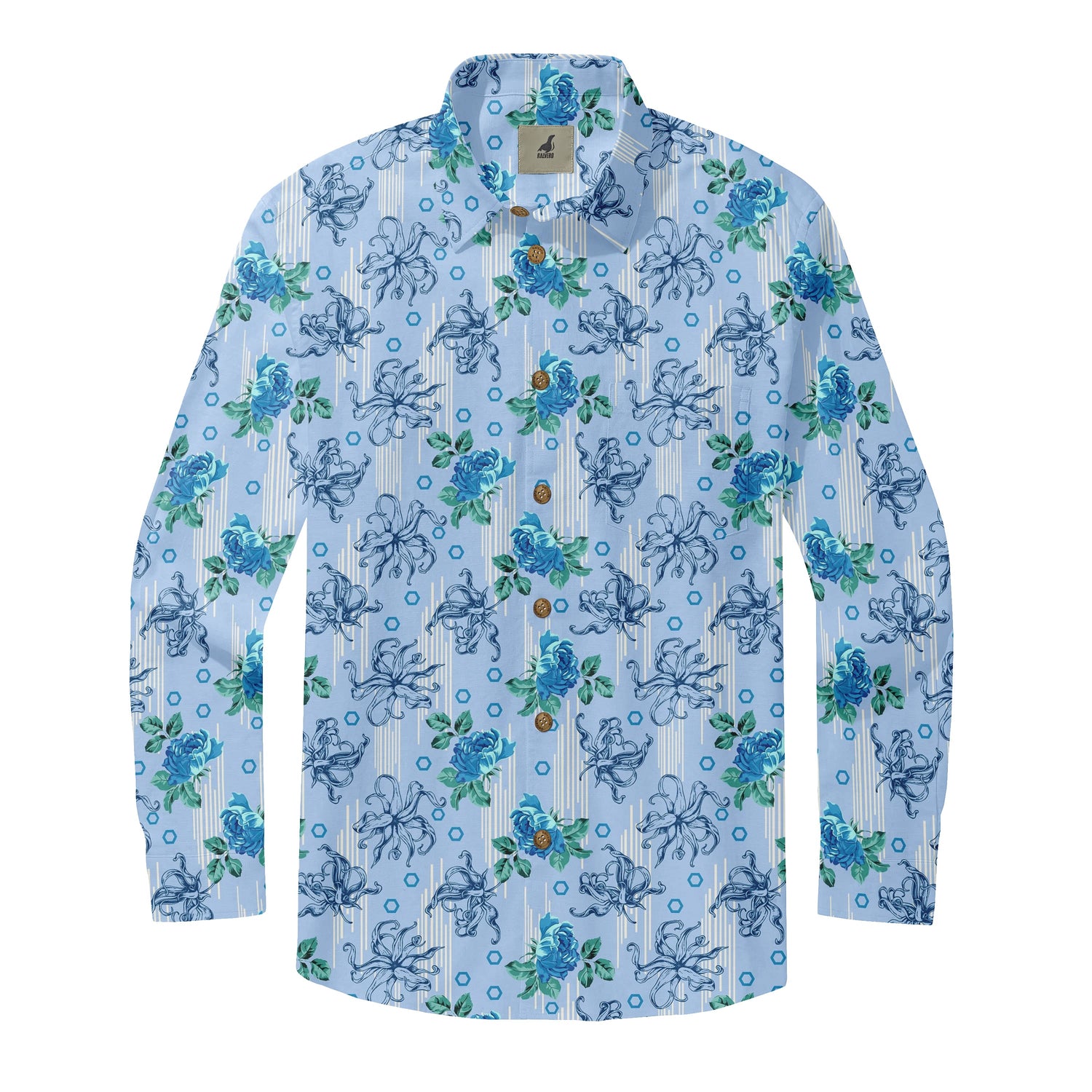 Light Blue Octopus &amp; Floral Long Sleeve Hawaiian Shirt