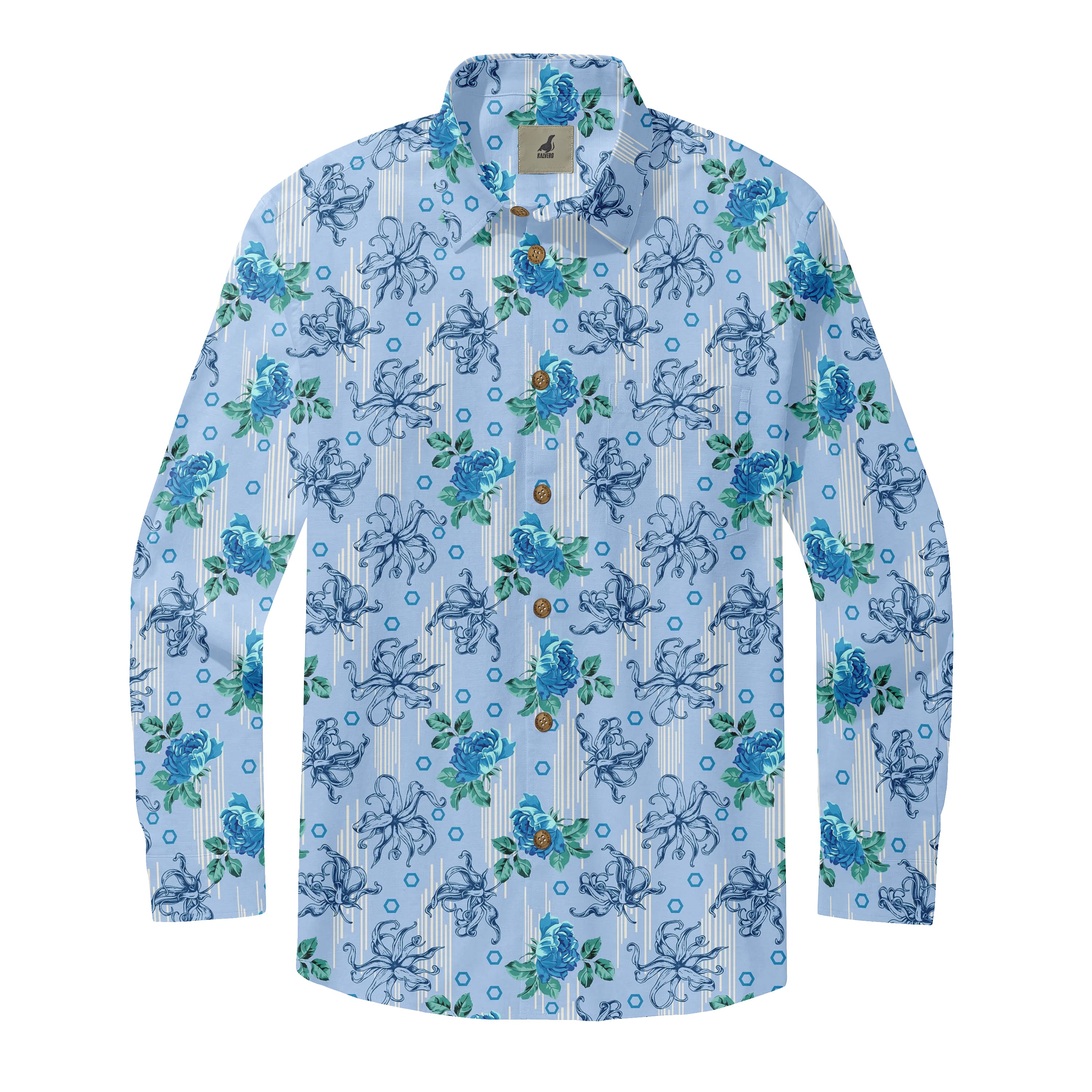 Light Blue Octopus &amp; Floral Long Sleeve Hawaiian Shirt