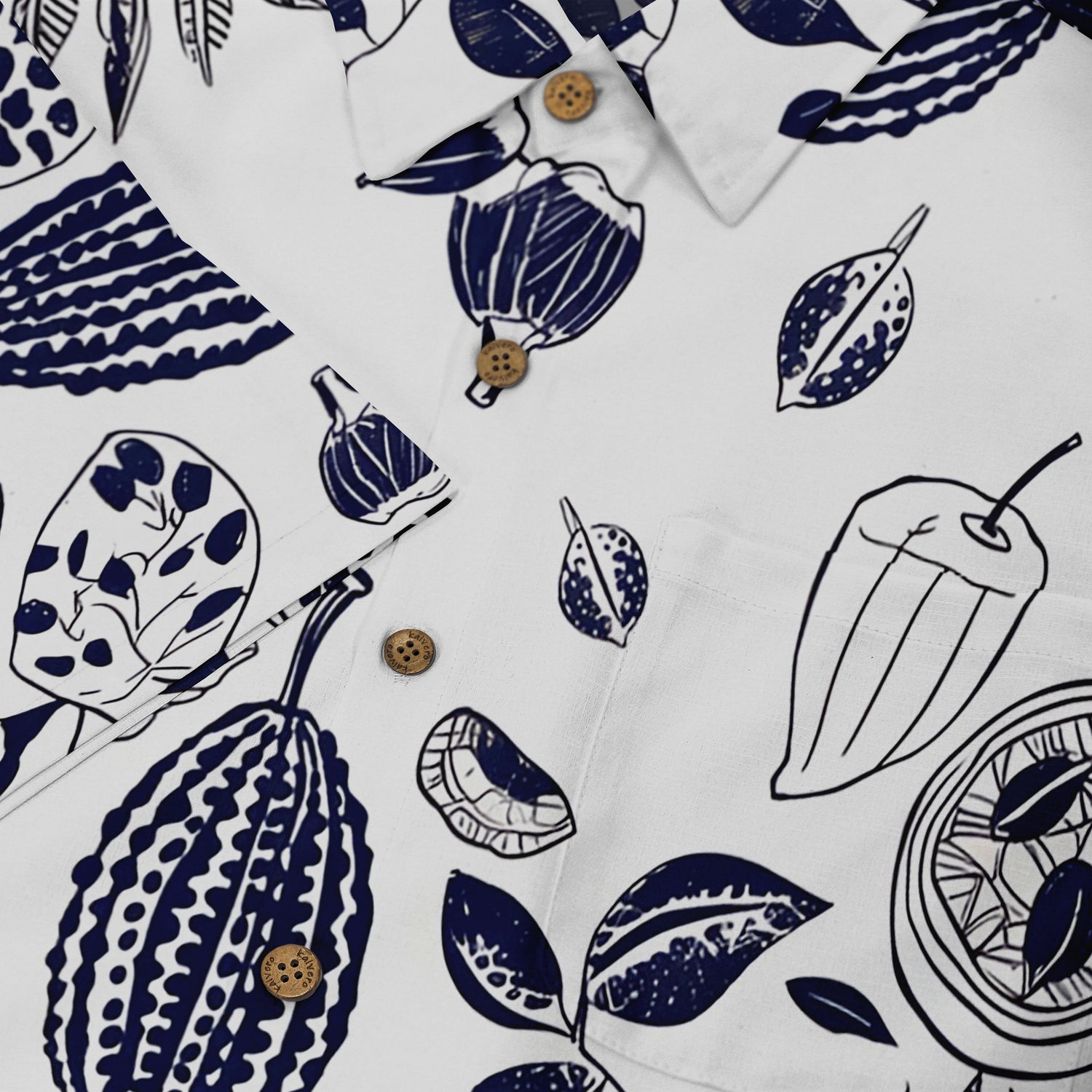 Cocoa pods and figs on a stylish summer shirt.