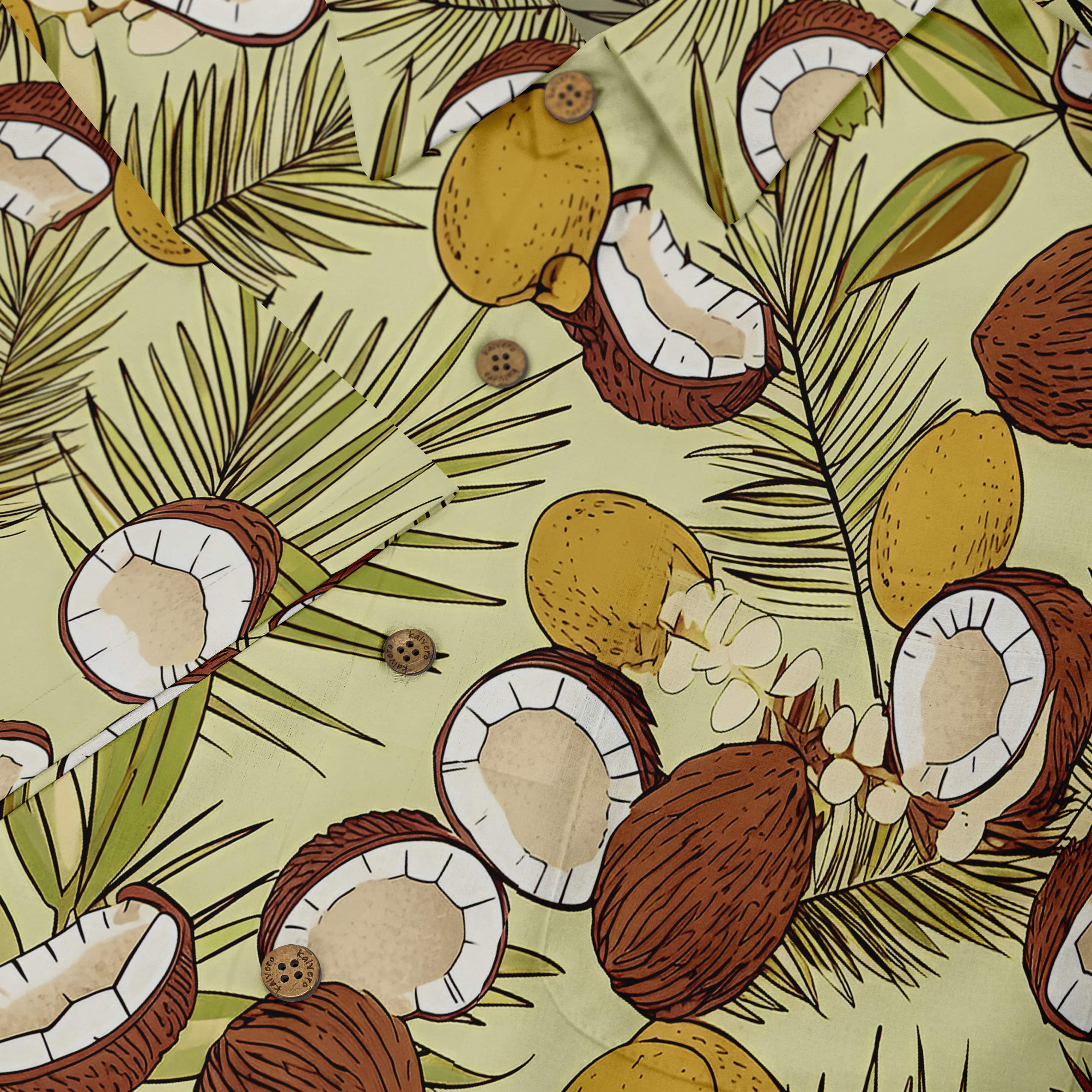 Beach-inspired coconut pattern on a summery Hawaiian shirt.