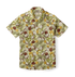 Close-up of a Hawaiian shirt featuring a detailed coconut and palm leaf pattern.