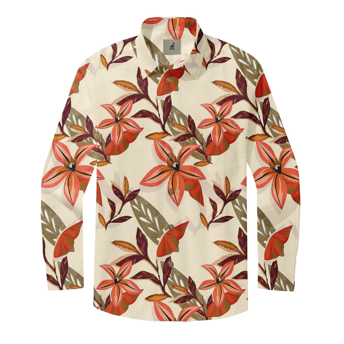 Cream Tropical Floral Long Sleeve Hawaiian Shirt