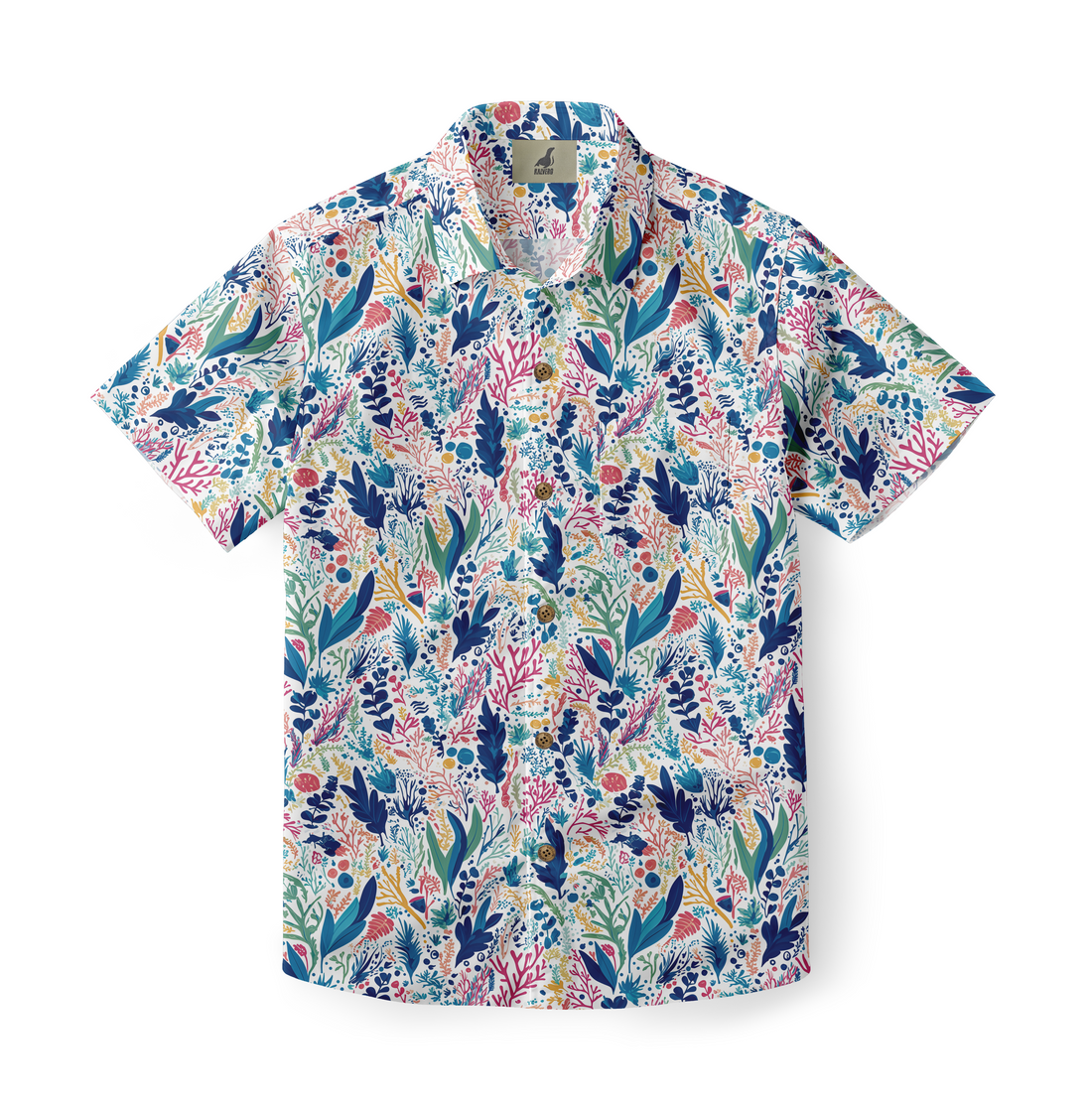 Colorful floral pattern short-sleeve shirt with buttons.