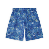 A pair of shorts featuring swirling blue patterns reminiscent of abstract flowers or cosmic elements, creating a vibrant and dynamic look.