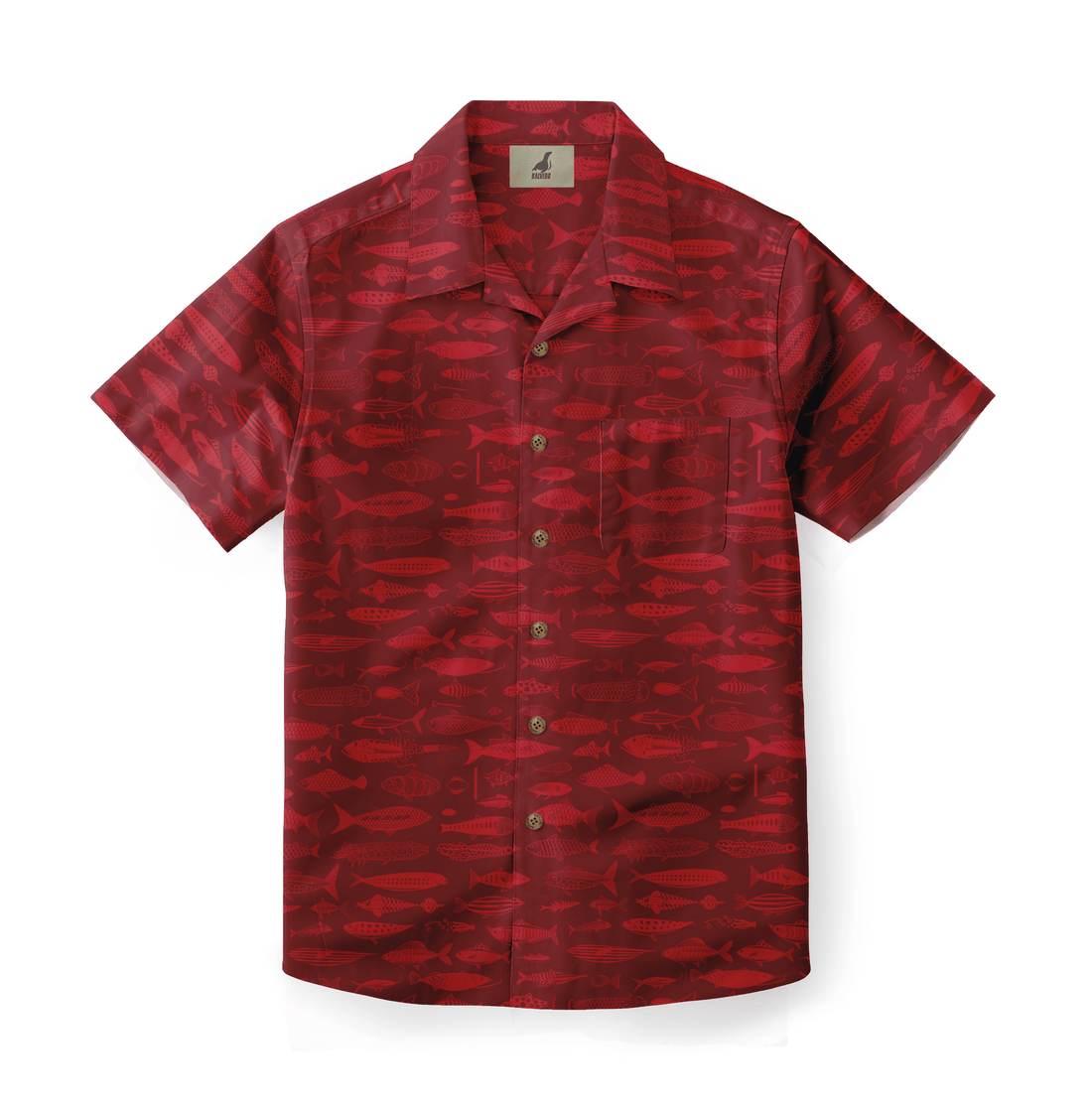 Red short-sleeve shirt with fish pattern, button-down front.