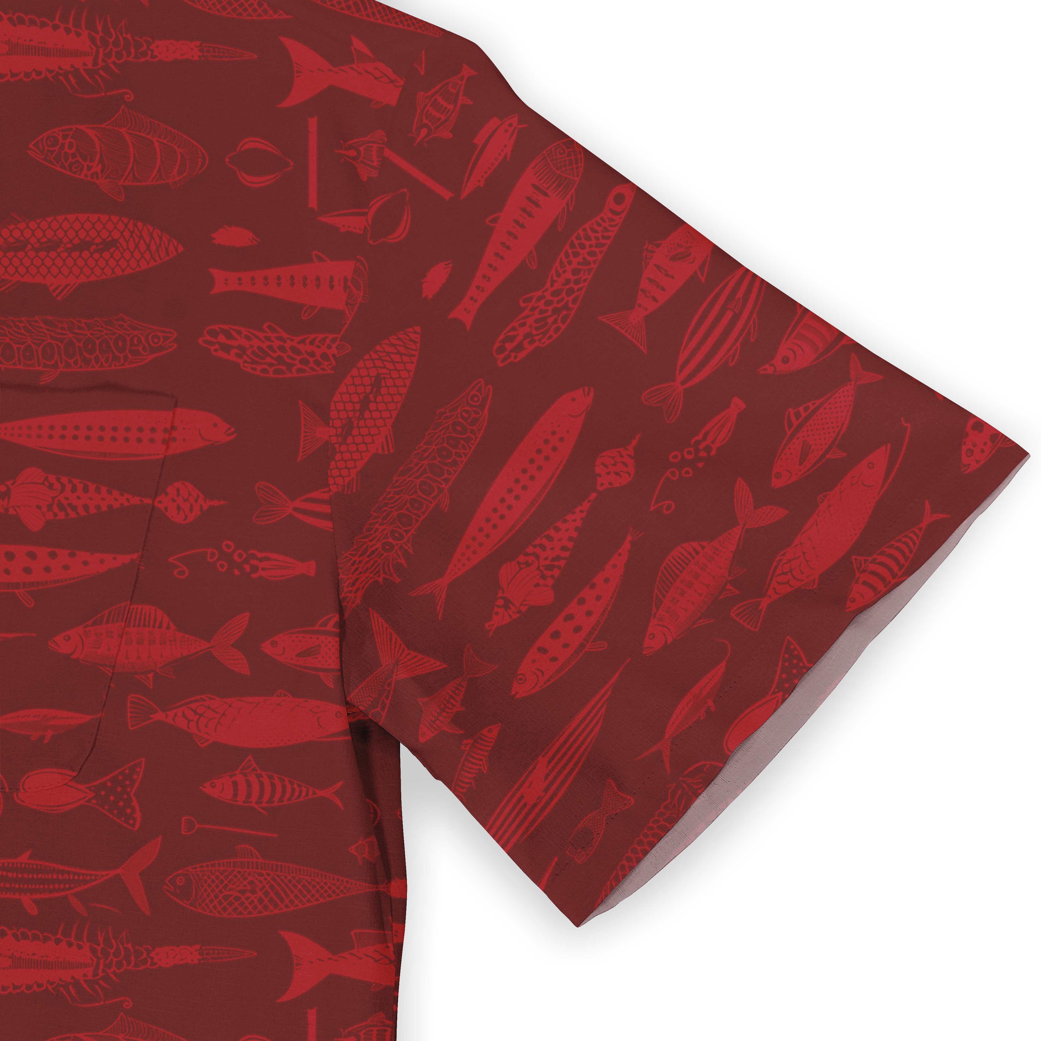 Red fabric with fish patterns, folded corner, detailed design.