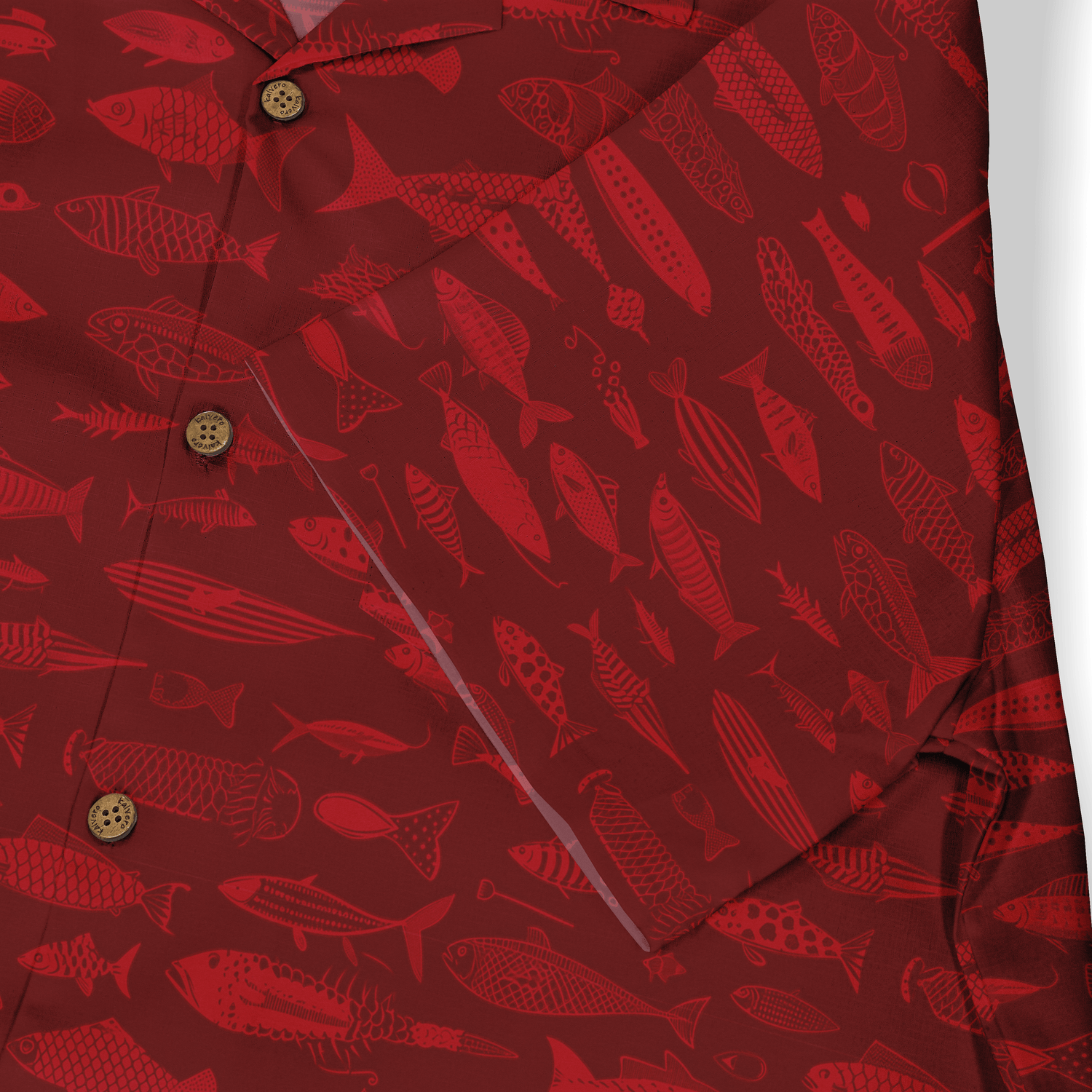Red shirt with fish pattern, featuring gold buttons and a vibrant.