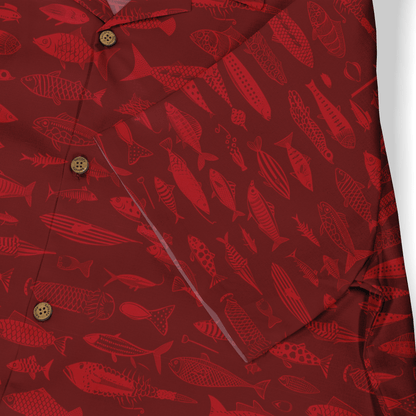 Red shirt with fish pattern, featuring gold buttons and a vibrant.