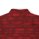 Red shirt with fish pattern, featuring various fish designs.