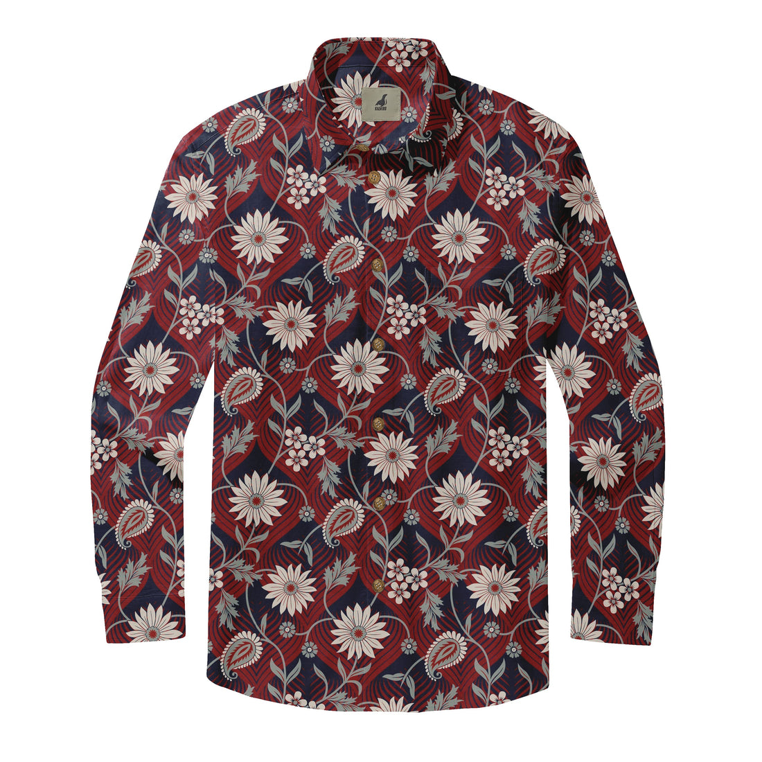 Dark Red Tropical Floral Long Sleeve Hawaiian Shirt