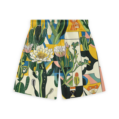 A pair of shorts featuring a vibrant, artistic design with various cactus plants and desert elements, creating a bold and lively look.