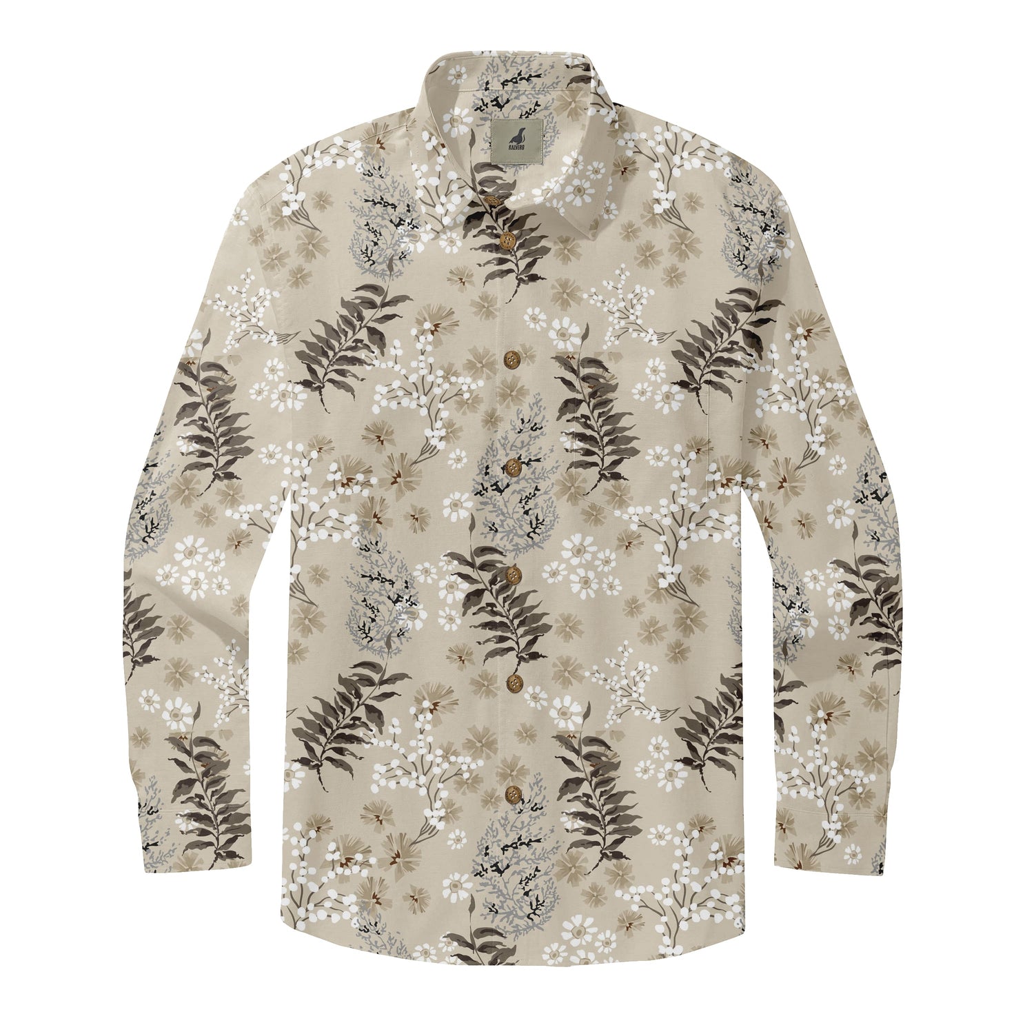 Beige Tropical Floral Long Sleeve Hawaiian Shirt