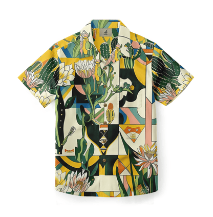 Vibrant shirt featuring a geometric patchwork of cacti and blossoms.