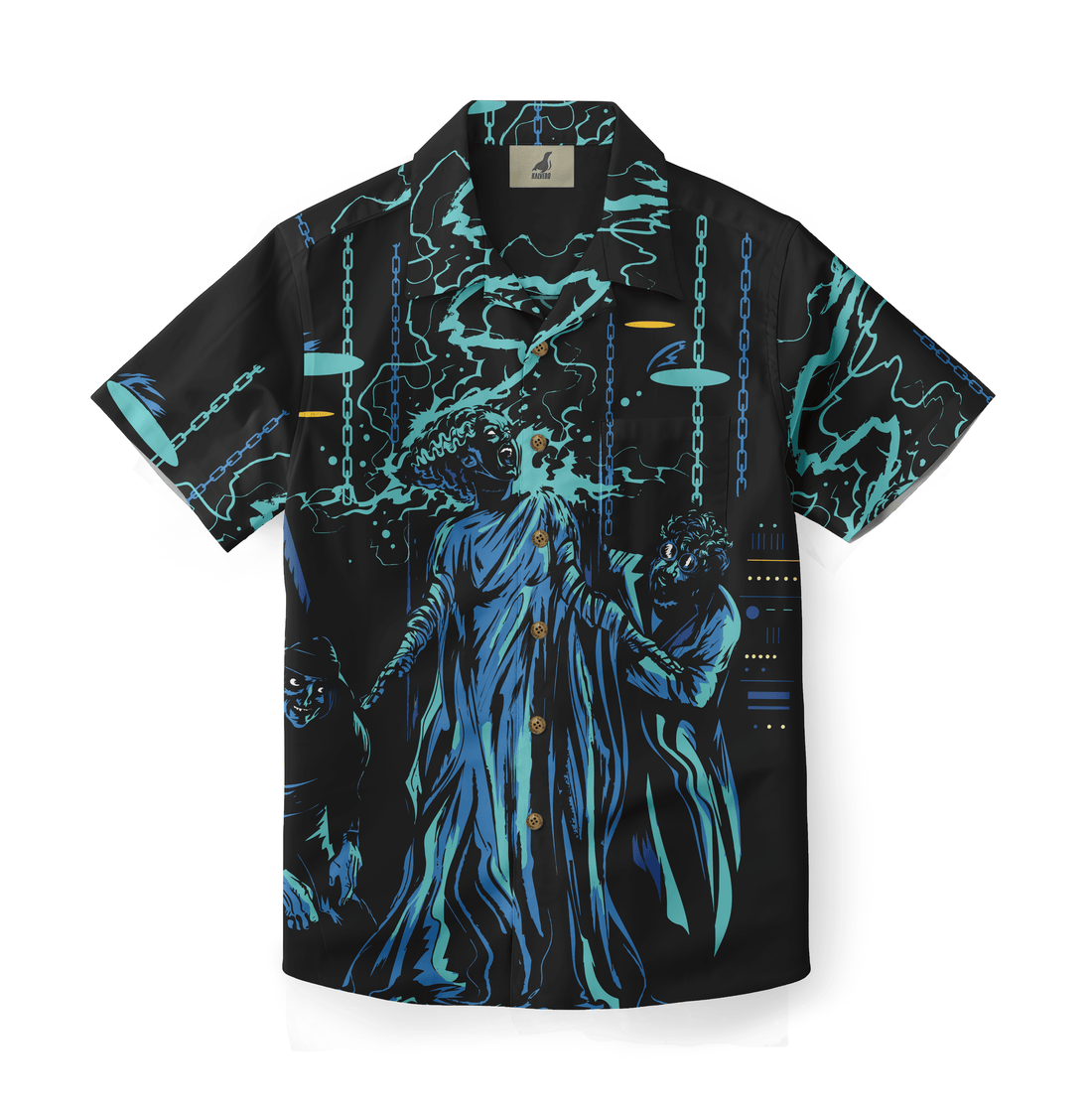 Black Hawaiian shirt with blue and teal supernatural design.
