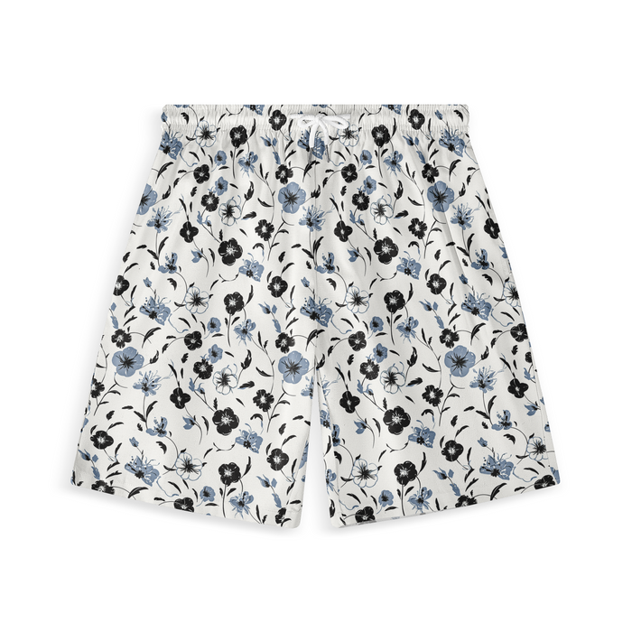 Men's short with blue and black floral pattern on white background.