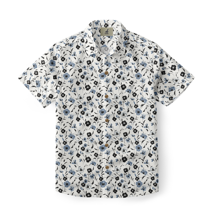 Men's shirt with blue and black floral pattern on white background.