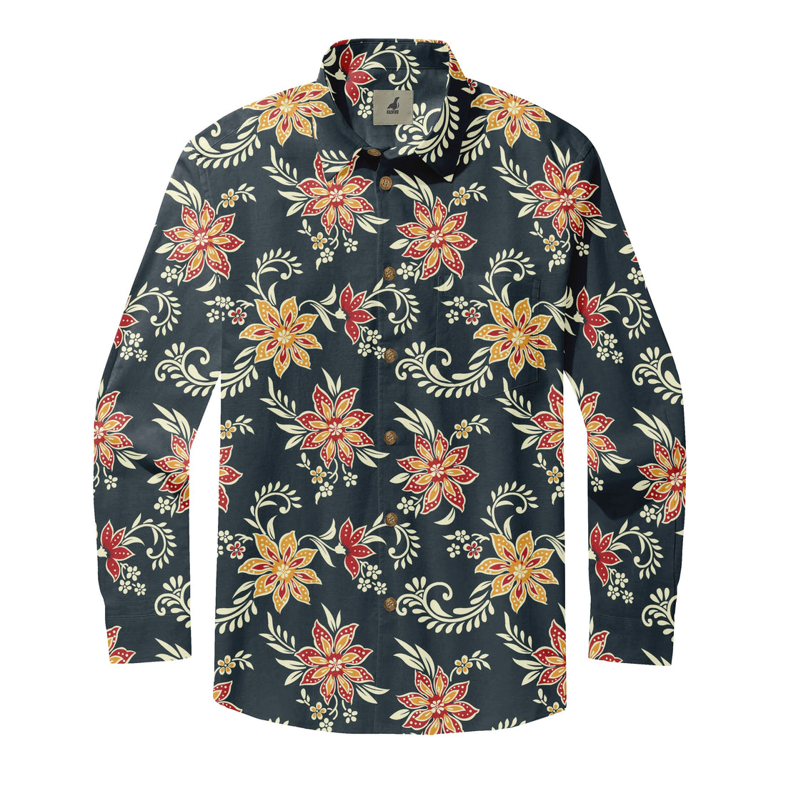 Navy Tropical Floral Long Sleeve Hawaiian Shirt