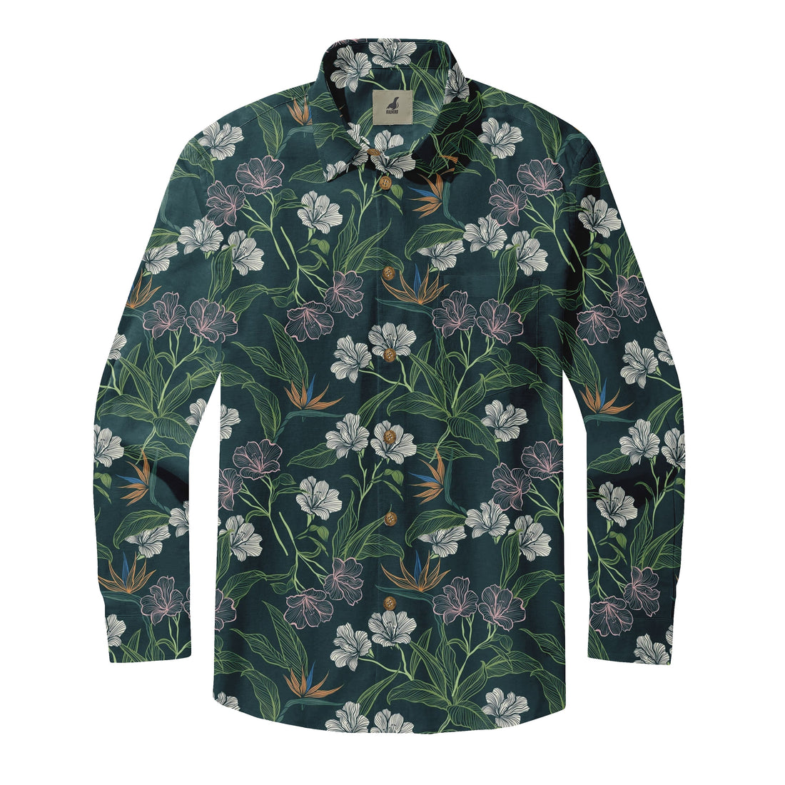 Dark Green Tropical Floral Long Sleeve Hawaiian Shirt