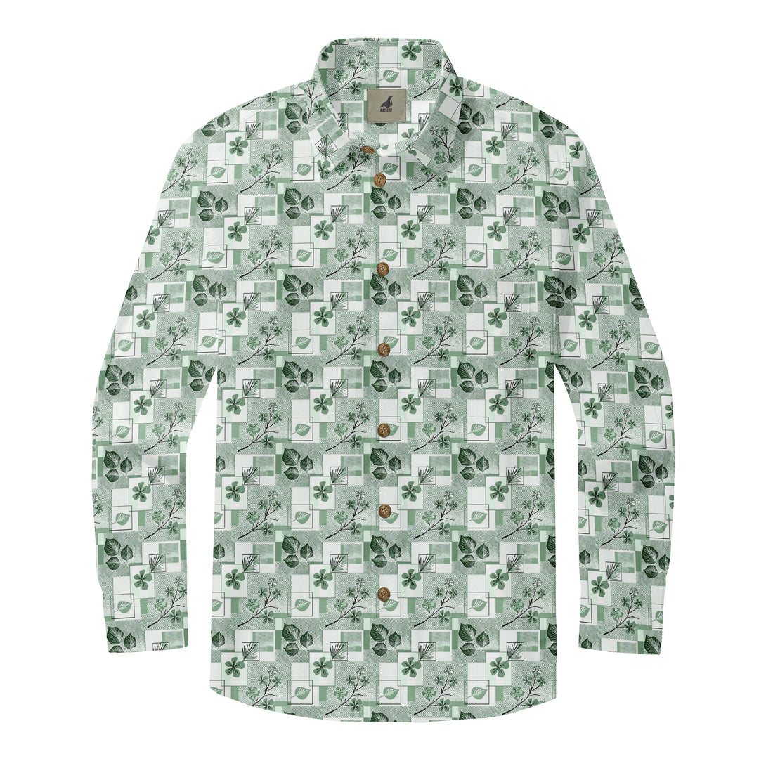 Green Geometric Botanical Long Sleeve Hawaiian Shirt