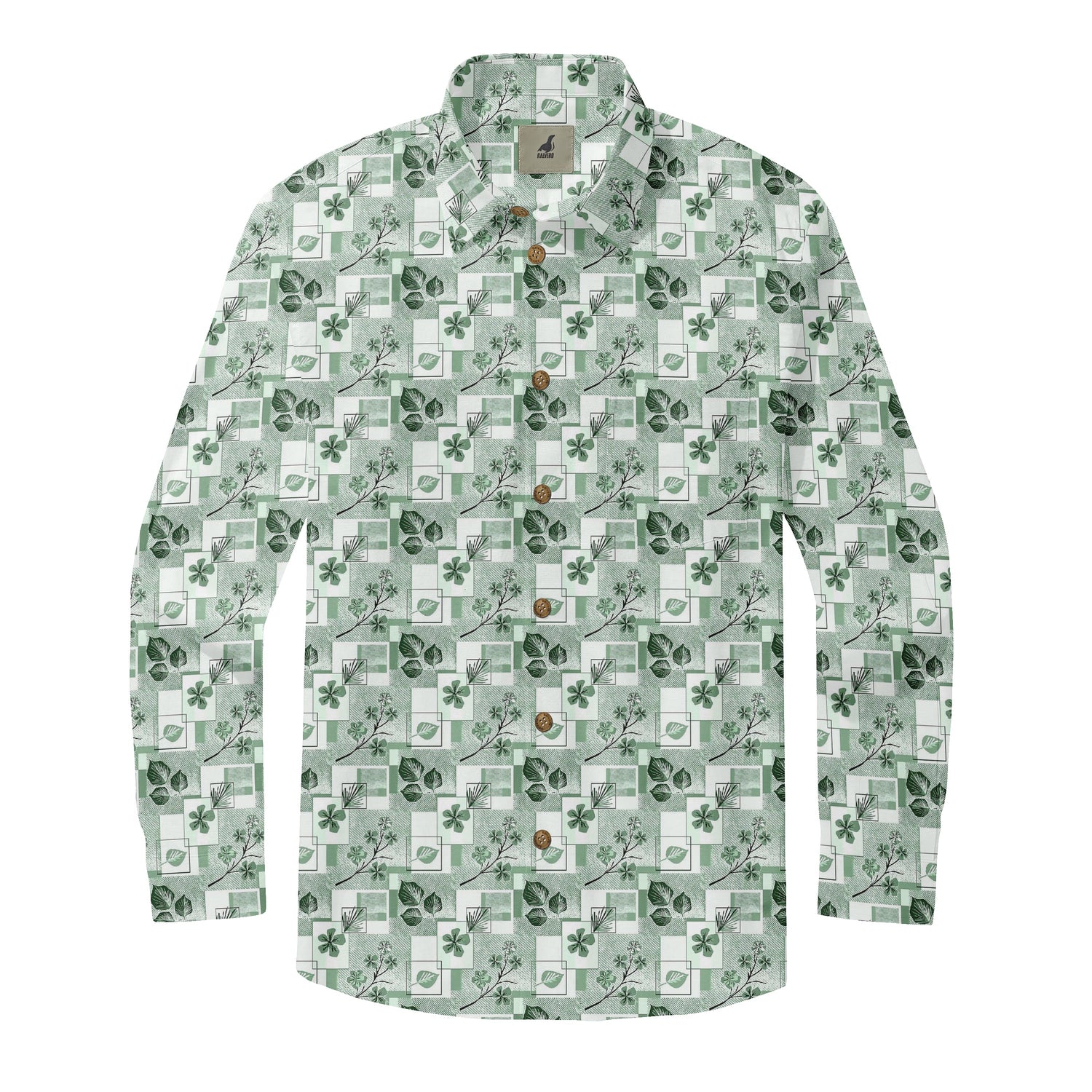 Green Geometric Botanical Long Sleeve Hawaiian Shirt