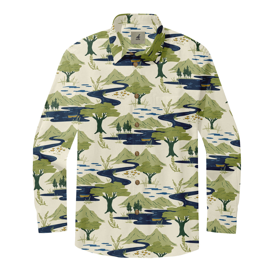 Beige Mountain River Long Sleeve Hawaiian Shirt