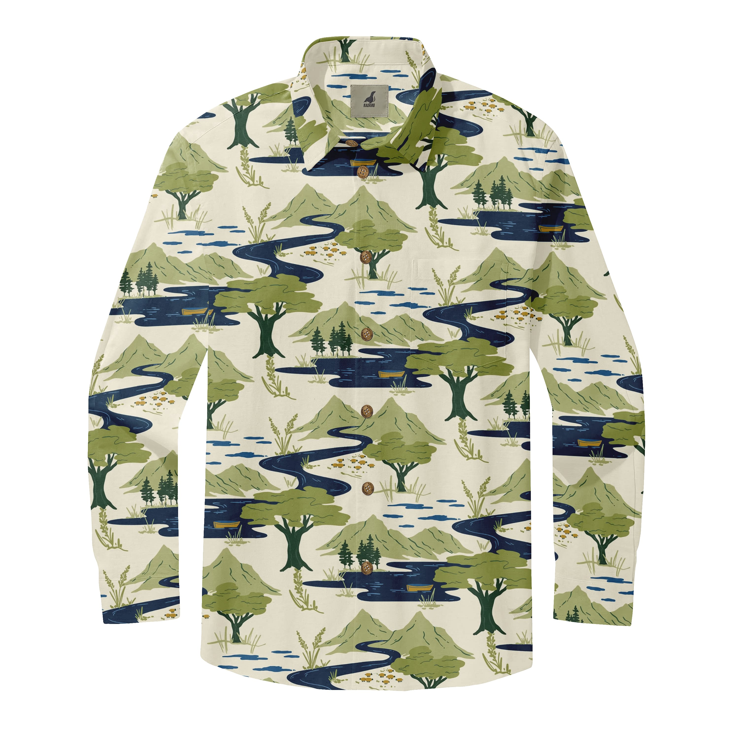 Beige Mountain River Long Sleeve Hawaiian Shirt
