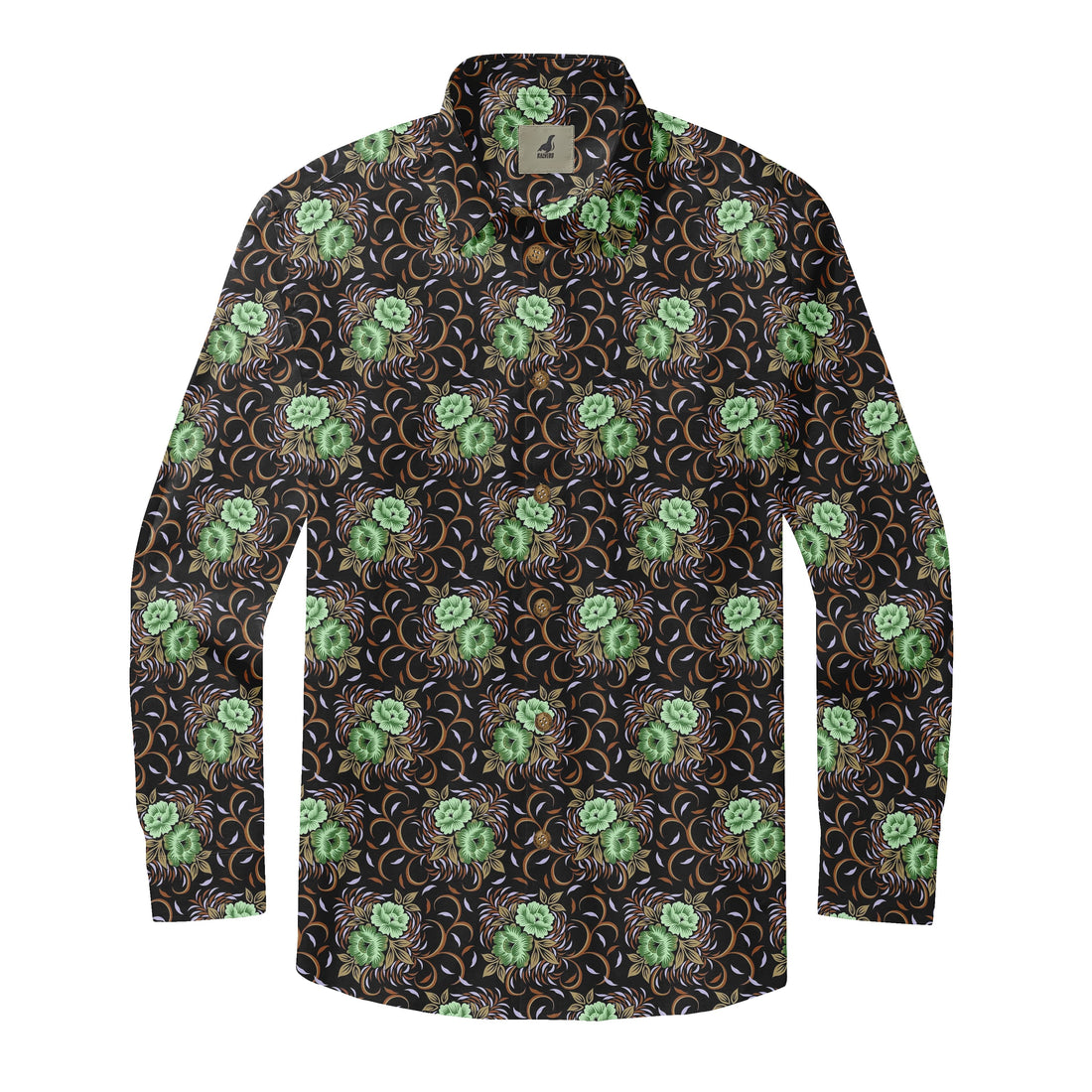 Black Green Floral Long Sleeve Hawaiian Shirt