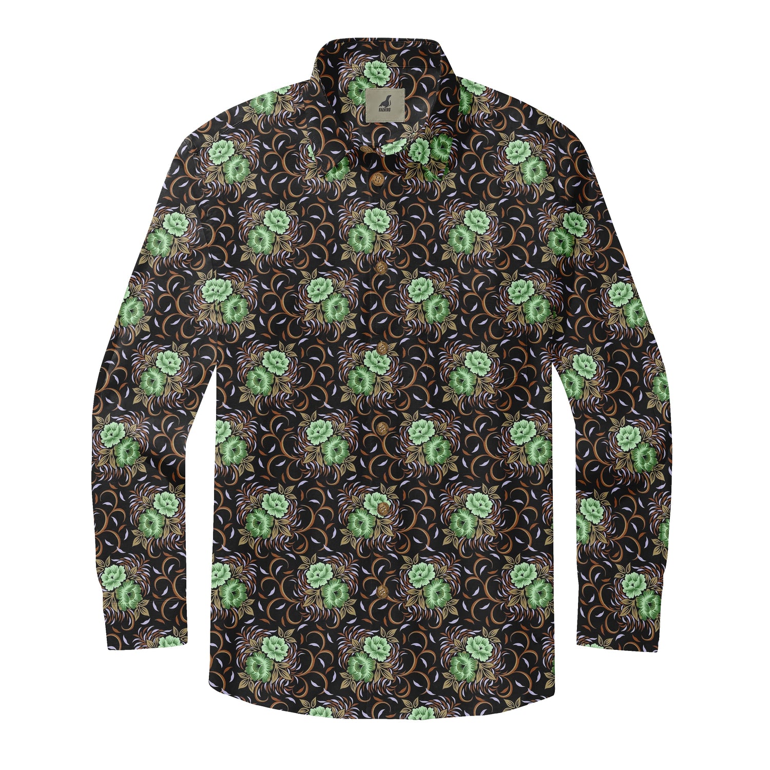 Black Green Floral Long Sleeve Hawaiian Shirt