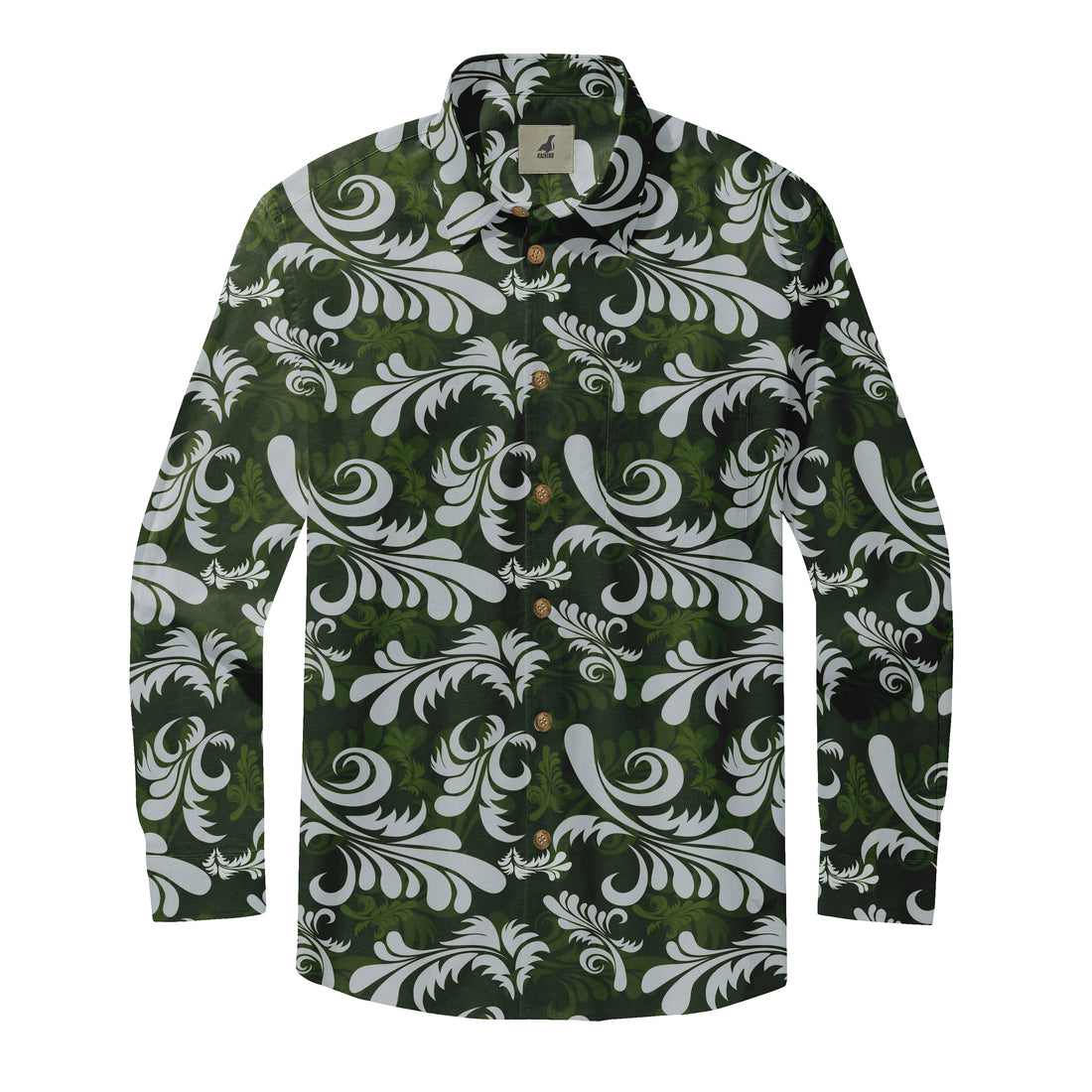 Dark Green Floral Swirl Long Sleeve Hawaiian Shirt