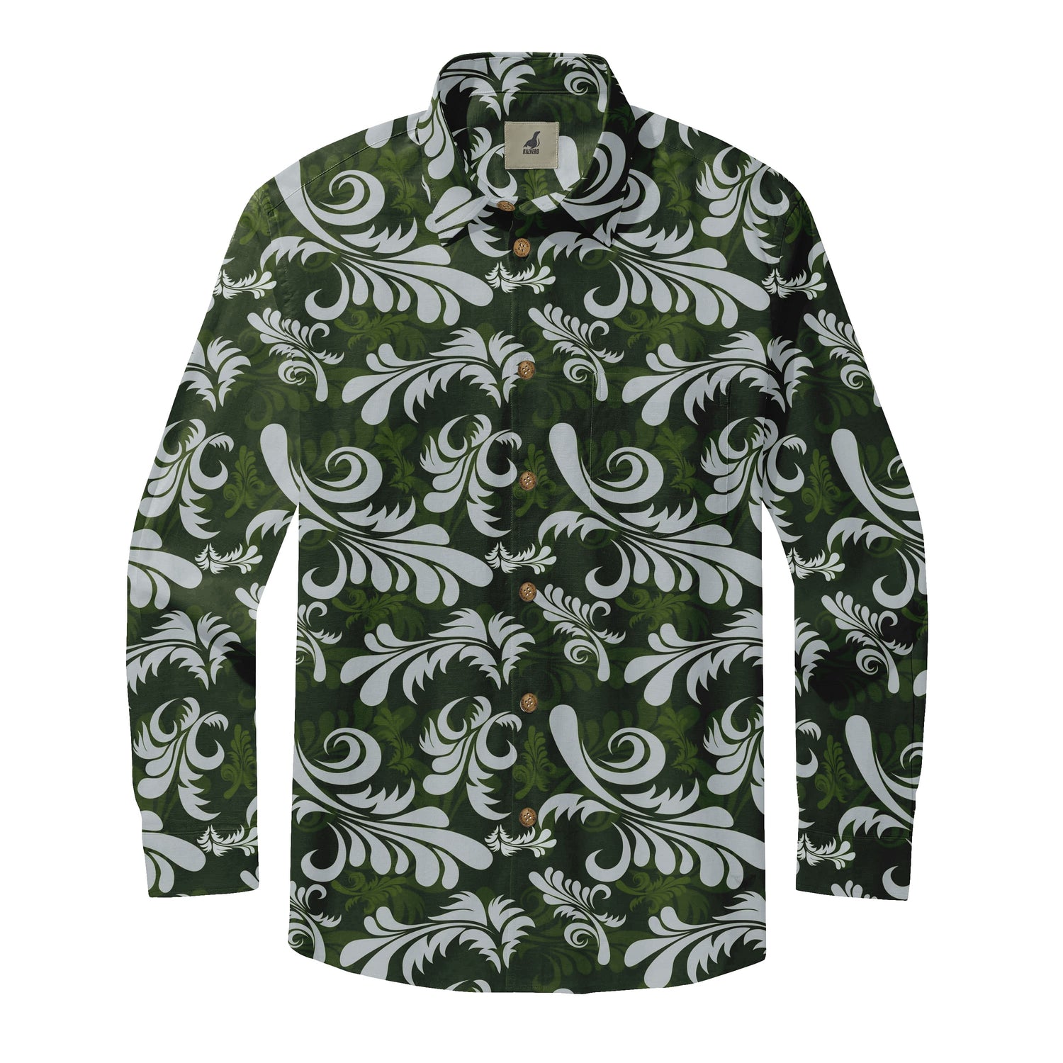 Dark Green Floral Swirl Long Sleeve Hawaiian Shirt