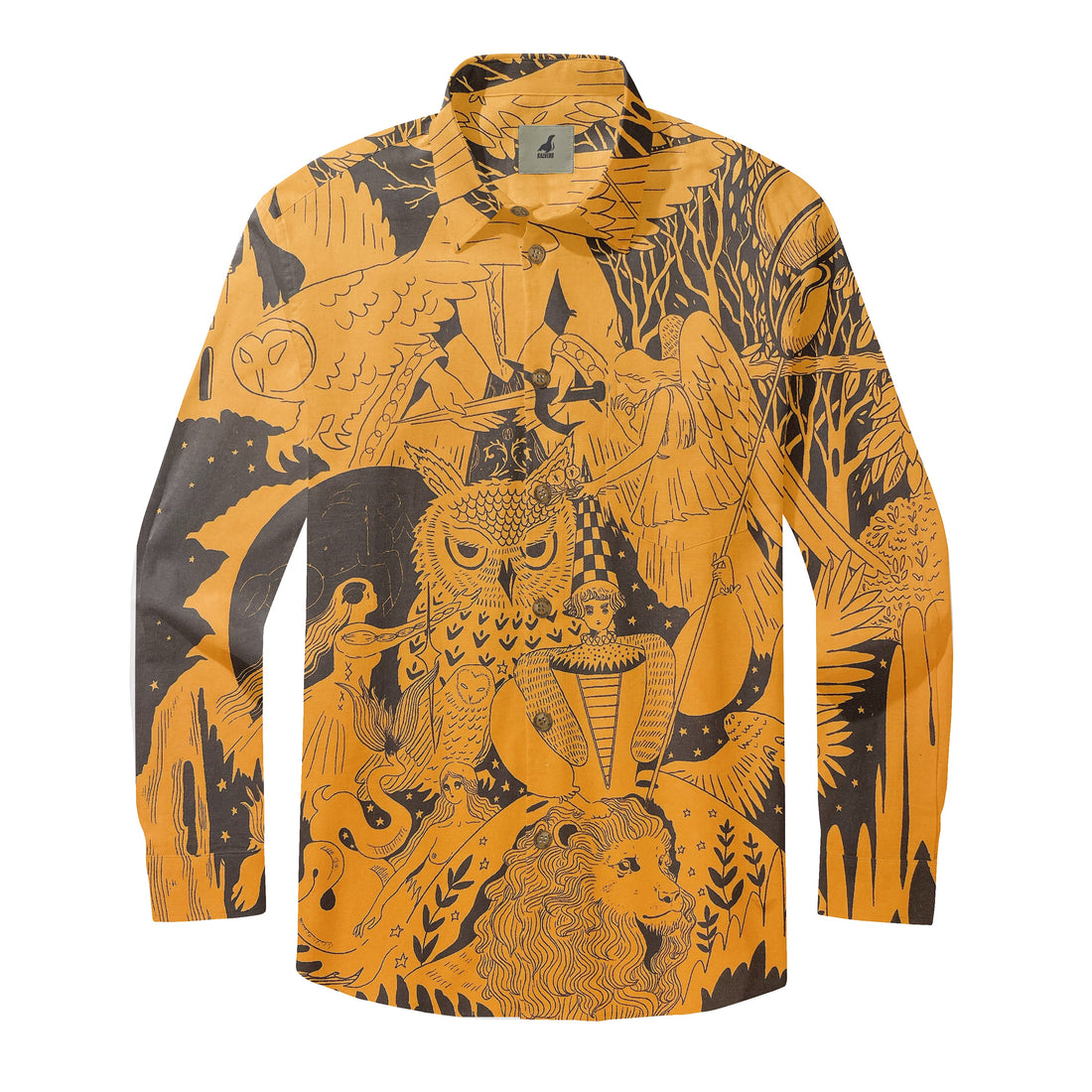 Vibrant yellow shirt with intricate black mythological.