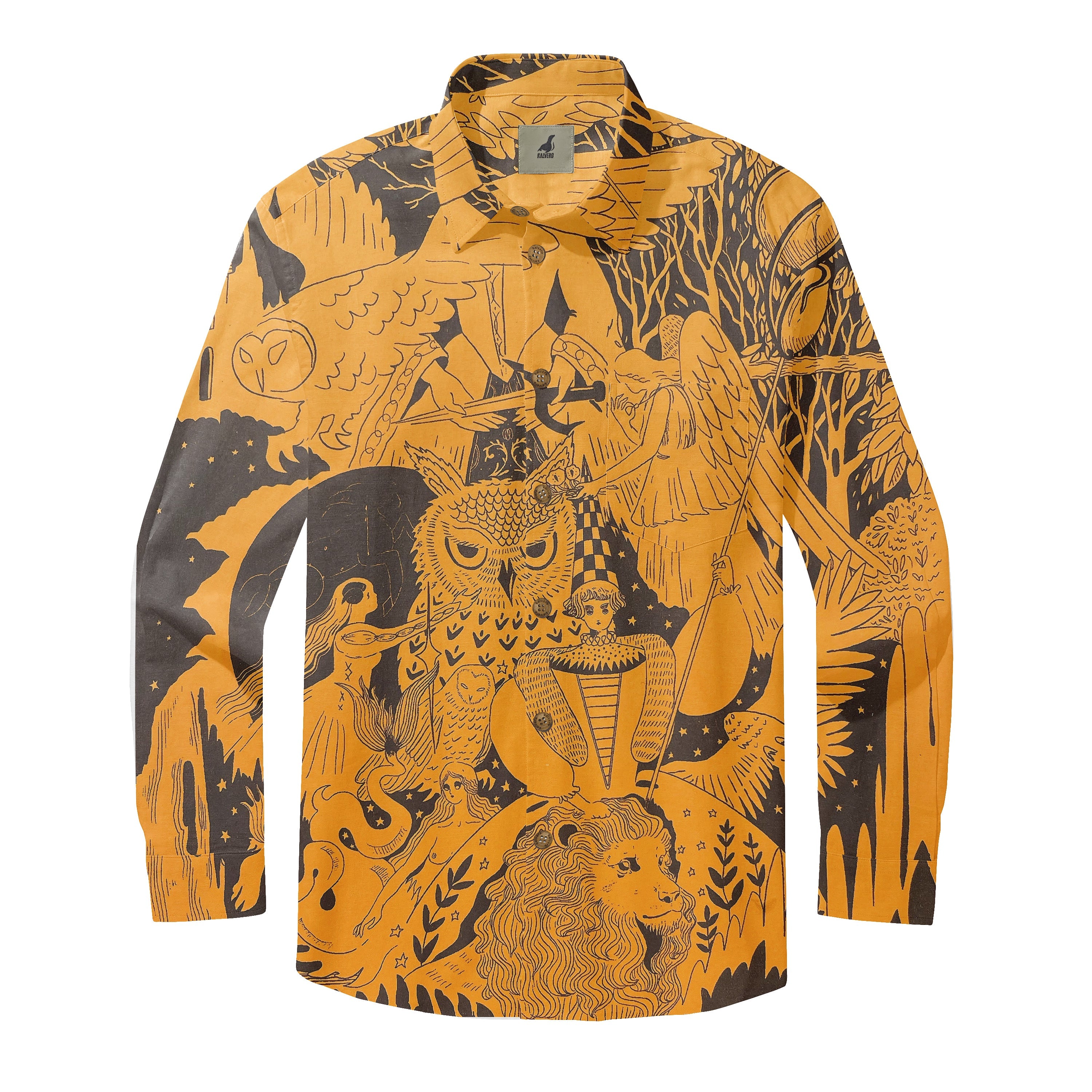 Vibrant yellow shirt with intricate black mythological.