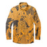Vibrant yellow shirt with intricate black mythological.