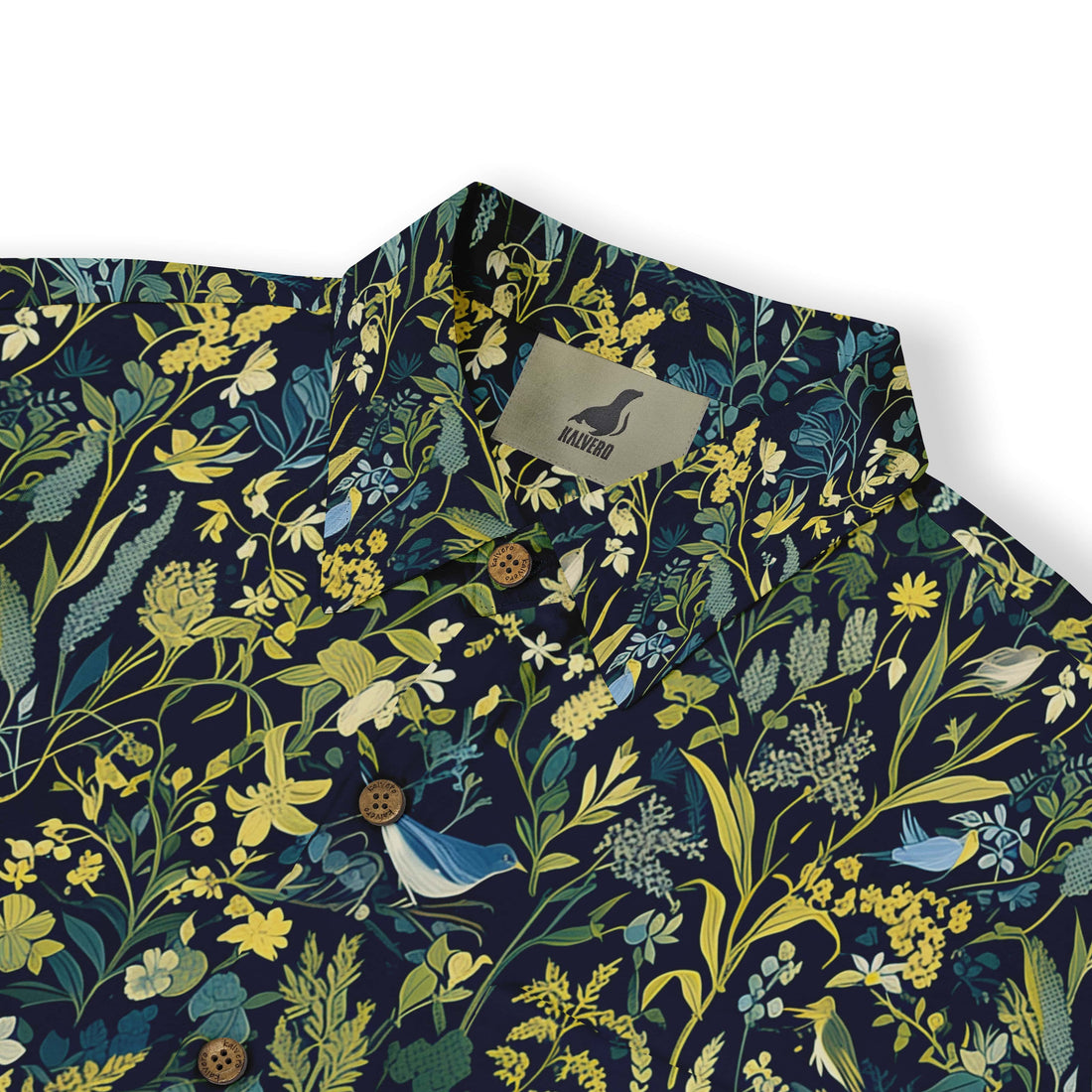 Dark blue shirt with yellow floral pattern and bird design.