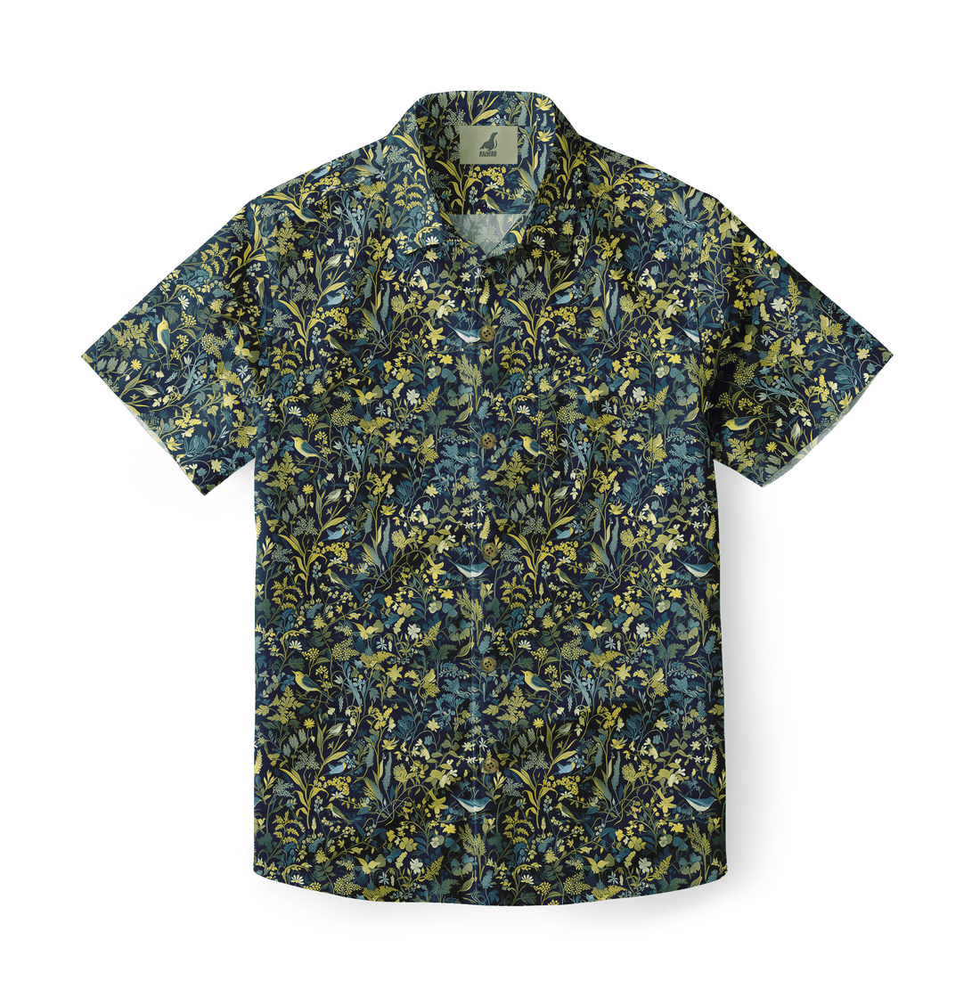 Dark blue shirt with yellow and green floral pattern.