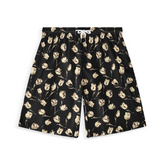 A pair of shorts featuring a design with delicate, light-colored flowers on a black background, creating a subtle yet striking contrast.