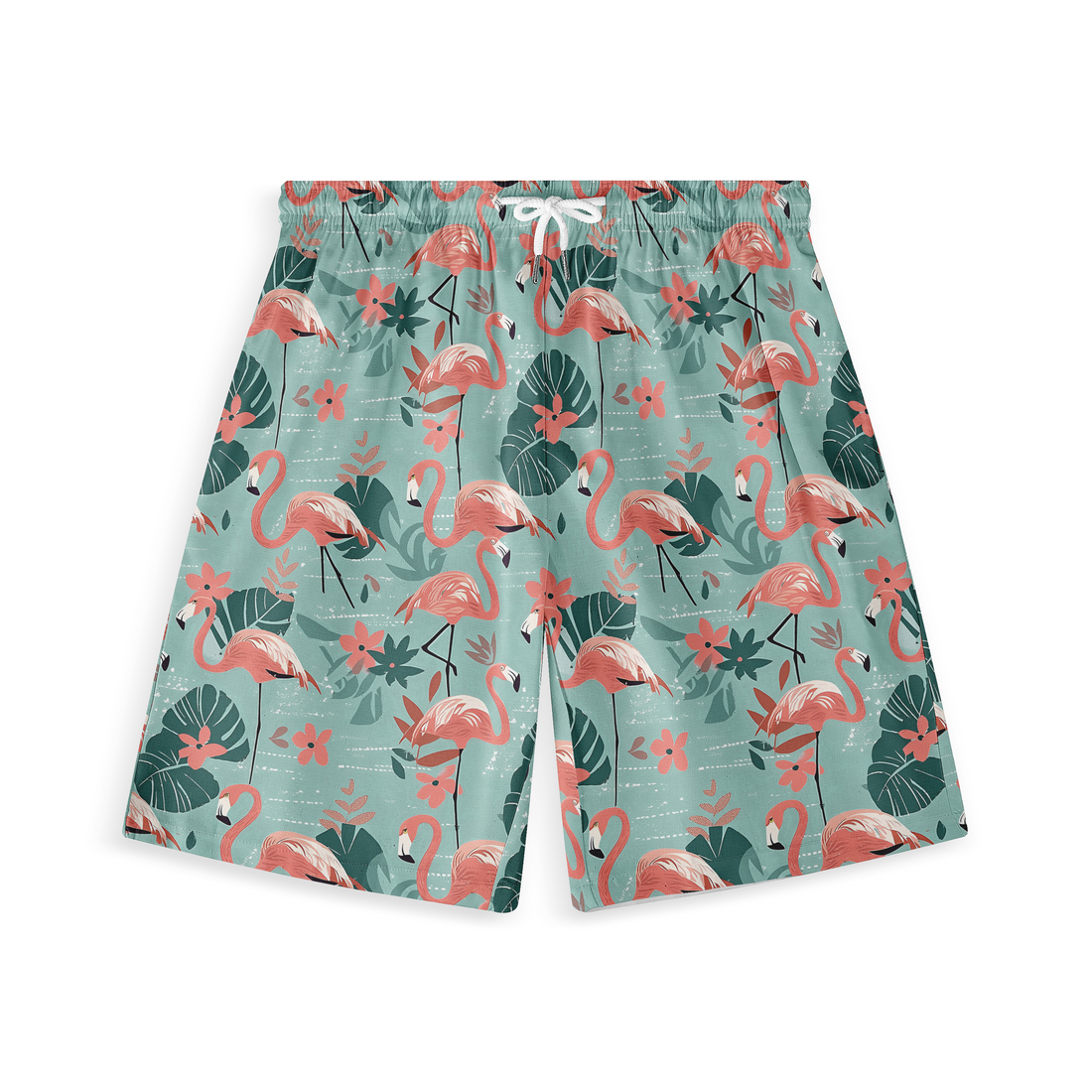 Tropical flamingo print shorts, light blue background.