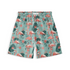 A pair of shorts featuring a design with pink flamingos, green leaves, and flowers on a light teal background, creating a fun and tropical vibe.